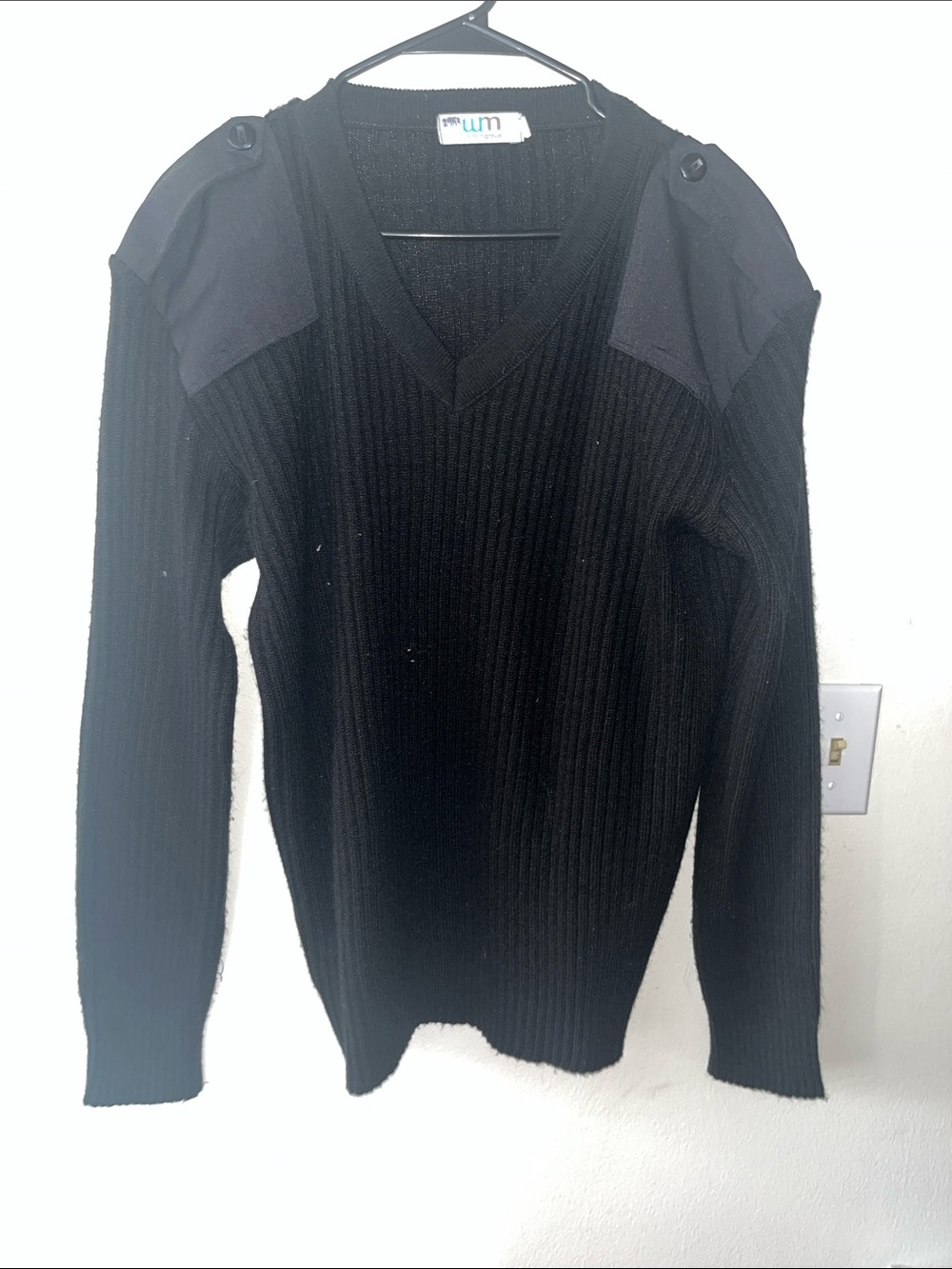 Men’s Black Ribbed V-Neck Sweater with Shoulder Epaulettes